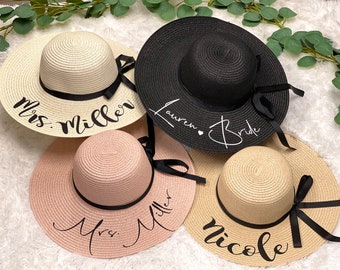 Personalize Bridesmaid Gift Beach Sun Hat Boho Bachelorette Party Vacation Honeymoon Floppy Hat Bridal Shower Gift Wide Brim Summer Hats
