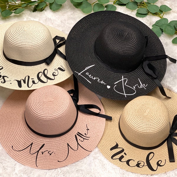 Personalize Bridesmaid Gift Bride Beach Sun Hat Boho Bachelorette Party Vacation Honeymoon Floppy Hat Bridal Shower Gift Mrs. Hat