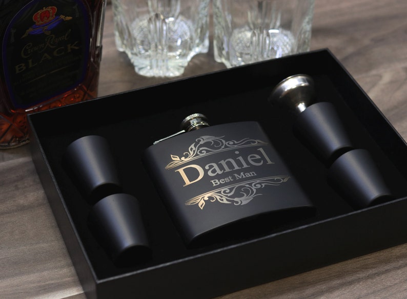 Groomsmen Gift Flask Set Personalize Engrave Box Set Bridesmaid Bachelor Party Groomsman Proposal Wedding Favors Matte Black Leather Flask