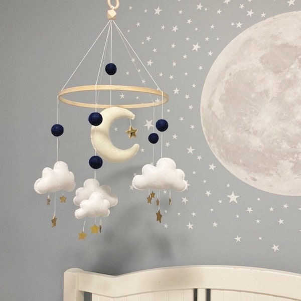 Moon and Stars Mobile (5 cloud) / Baby Mobile Cloud / To the moon / Crib Mobile Boy / Crib Mobile Girl / Baby Shower Gift / Cloud Mobile