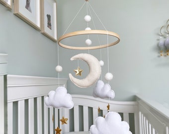 Móvil Luna y Estrellas (3 nubes)/ Nube móvil para bebés/ Decoración de guardería en la nube/ Niño móvil de cuna/ Niña móvil de cuna /Regalo de baby shower/ Móvil en la nube