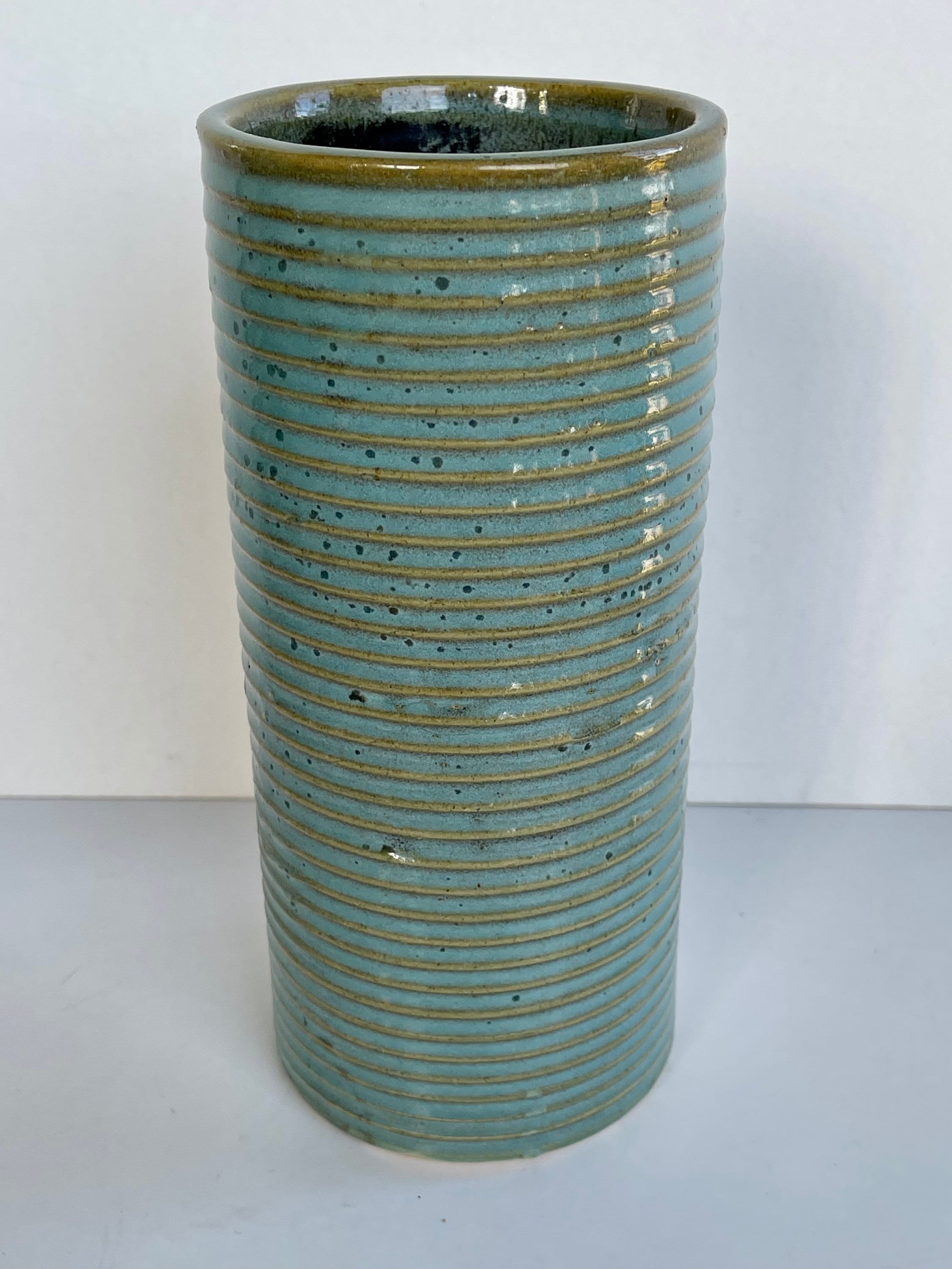 Vintage Zanesville Pottery Stone Age Modern Homespun Blue Green Vase