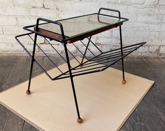 1950s Tony Paul Magazine Table with Removable Tray Woodlin Hall Wrought Iron Wood Mid Century Modern