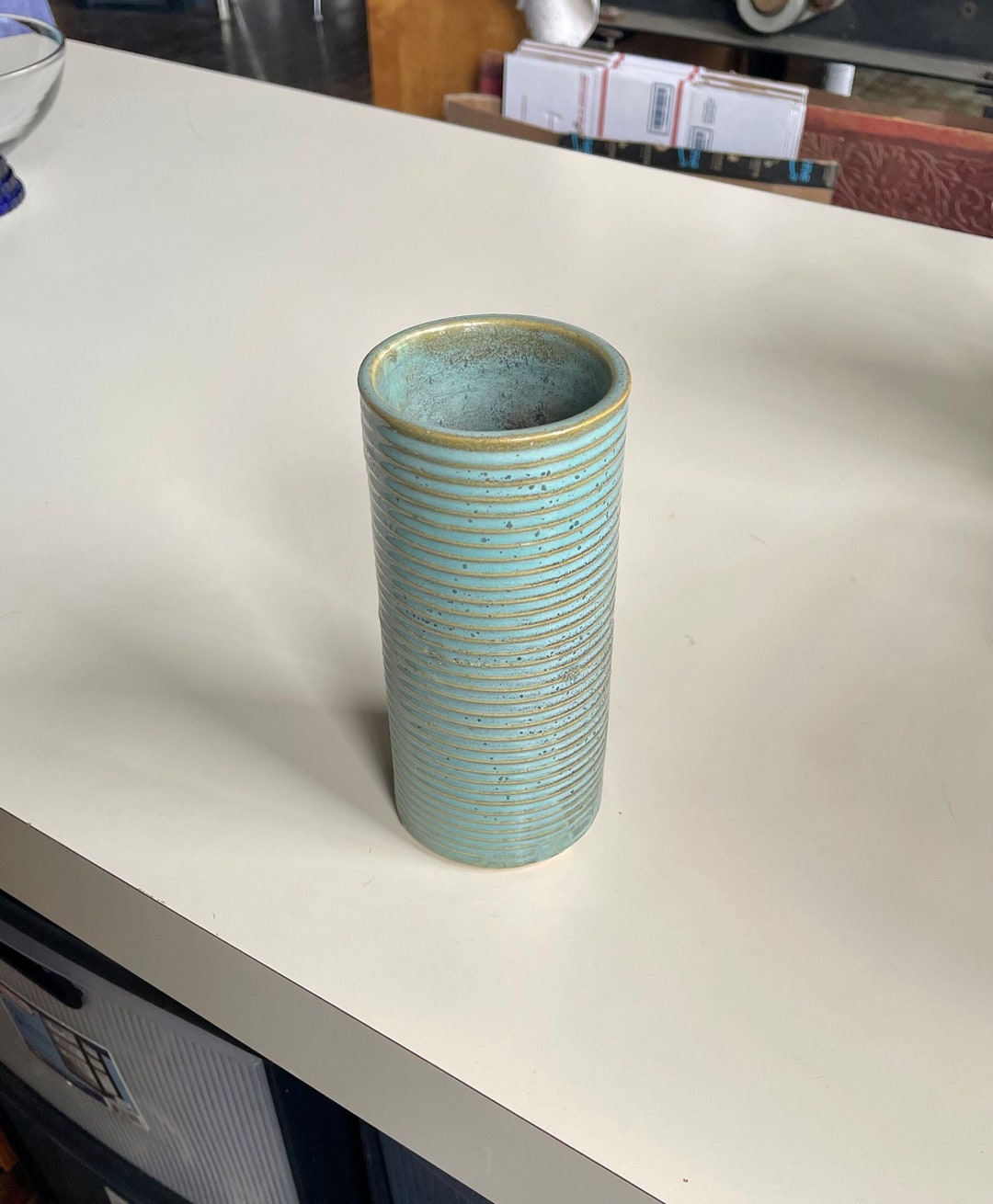 Vintage Zanesville Pottery Stone Age Modern Homespun Blue Green Vase