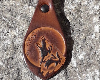 Leather key ring , Moon-wolf Design   ,  colour  "caramel"  (16 colours available)