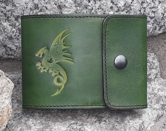 Leather checkbook holder for long checkbook Winged Dragon decor (16 colors to choose from)