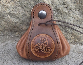 Leather pouch , triskell number 3 design, many colours to choose , 2 sizes available