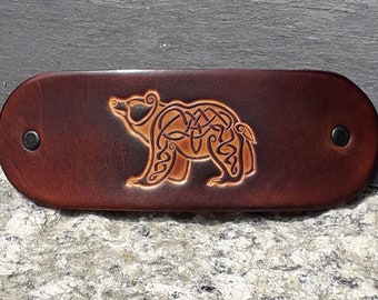 Leather hair  Barrette  , celtic bear design  (16 colours available)