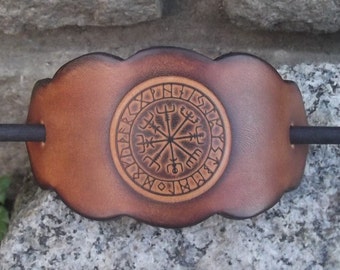 Leather hair  Barrette,viking design "vegvisir", colour Amber (16 colors to choose from), 2 sizes available