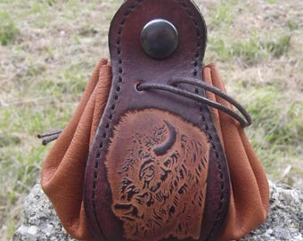 Leather pouch , Buffalo / Bison design , colour "chocolate " (16 colors available)