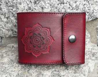 Porte chéquier en cuir pour chéquier long , Lotus mandala , Bordeaux ( 16 couleurs au choix)