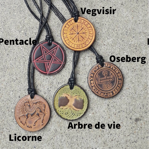 Pendentif en cuir , motif au choix ,   couleur au choix  Viking Vegvisir Oseberg Arbre de vie Triskell  Pentacle Chevaux Licorne