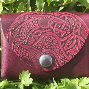 Leather porte-monnaie " celtic dragon  " design , " prune " on photo  (16  colours available)