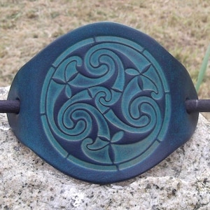 Leather hair barrette, celtic design (triskell number 6 big size), colour &quot;turquoise&quot;(16 colours available)