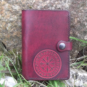 Cartera artesanal de piel, decoración Vegvisir Viking, burdeos (16 otros colores para elegir).