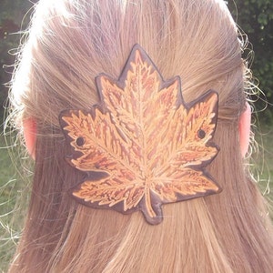 Leather hair  Barrette , mapple  leaf pattern , choose your color