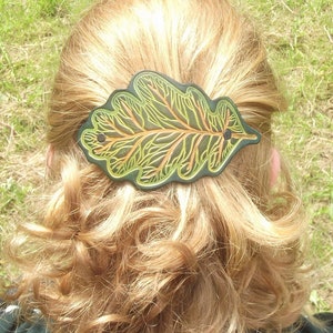 Leather hair  Barrette , oak  leaf pattern , choose your color