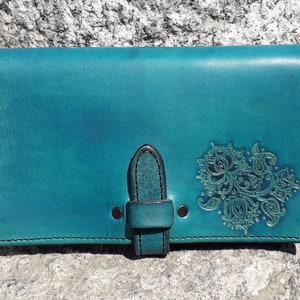 Leather wallet , very convenient , Lotus Flowers  design , colour "turquoise" on photo (16 colours available)