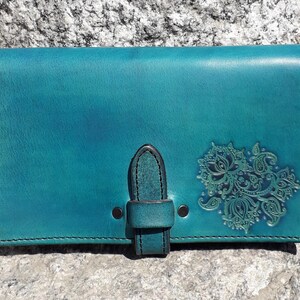 Cartera de cuero grande, decoración del modelo de la compañía flores del loto, color turquesa (16 colores para elegir)