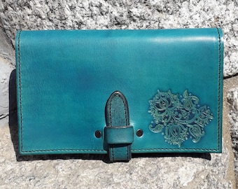 Leather wallet , very convenient , Lotus Flowers  design , colour "turquoise" on photo (16 colours available)