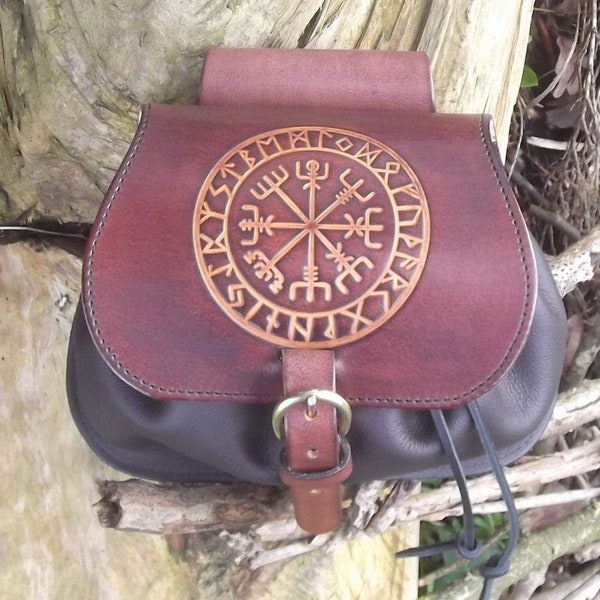 Grande aumonière en cuir ,décor viking Vegvisir , marron chocolat  ( 16 autres coloris possibles)