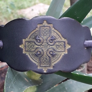Leather hair  Barrette, celtic cross design, colour &quot;vert antique&quot;(16 colours to choose from),2 sizes   available