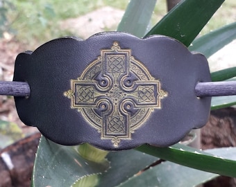 Leather hair  Barrette, celtic cross design, colour "vert antique"(16 colours to choose from),2 sizes   available