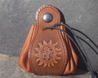 Leather pouch, Sun - Moon  design , colour "Caramel"(16 colour to choose) , 2 sizes available