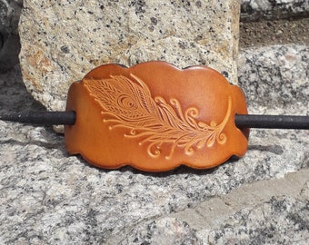 Leather barrette Peacock feather decoration Amber color (16 colors to choose from), Available in 2 sizes