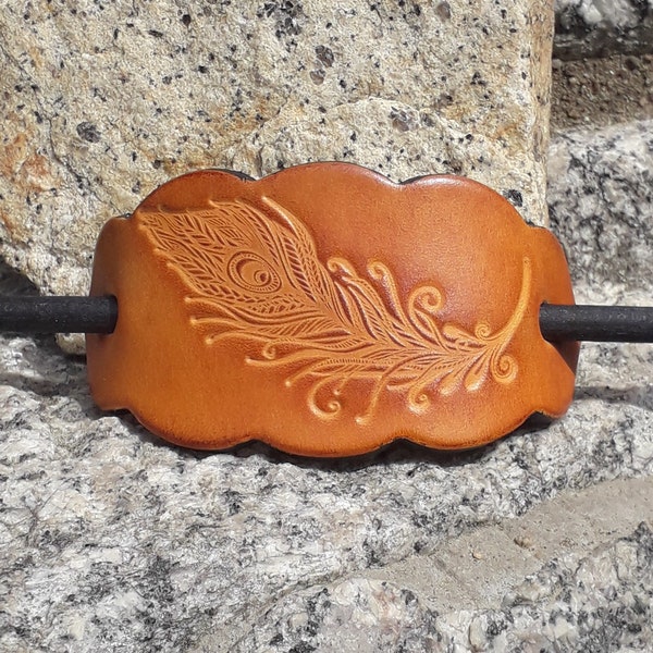 Leather barrette Peacock feather decoration Amber color (16 colors to choose from), Available in 2 sizes