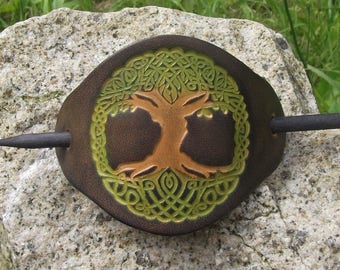 Leather hair barrette, celtic design (tree of life ), colour "marron-chêne"(16 colours available)