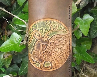 Leather Glasses case , celtic design "fantastic animal" , colour "oak brown and anis green", (16 colours available)