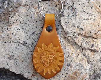 Leather key ring with Sun-Moon decor, color of your choice