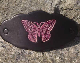 Leather hair  Barrette, butterfly design ,colour " black "  (16 colors to choose from), 2 sizes available