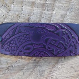 Leather hair  Barrette, celtic dragon   design, 16 colours available ( &quot;violet&quot; on the photo)