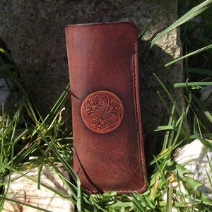 Leather Glasses case , celtic design triskell number 2 , colour Marron chocolat , 16 colours available image 1