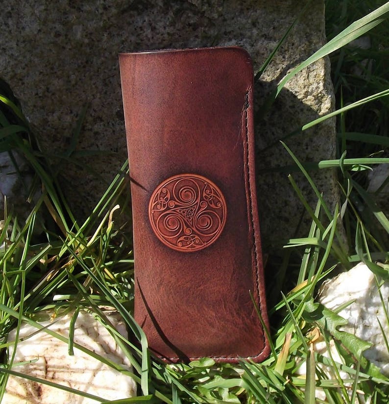 Leather Glasses case , celtic design triskell number 2 , colour Marron chocolat , 16 colours available image 1