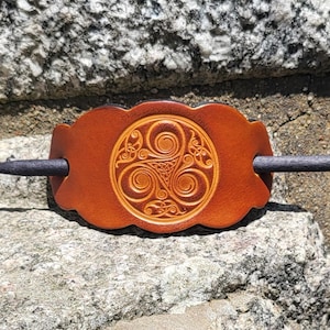 Leather hair  Barrette, triskell number 2 design, colour Amber (16 colors to choose from), 2 sizes available