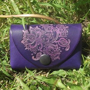 Leather porte-monnaie lotus design , purple 16 colours available image 1