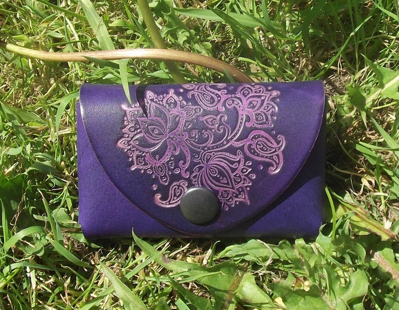 Leather porte-monnaie lotus design , purple 16 colours available image 1