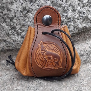 Leather pouch, , celtic wolf design , colour "Caramel"(16 colour to choose) , 2 sizes available