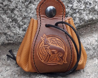 Leather pouch, , celtic wolf design , colour "Caramel"(16 colour to choose) , 2 sizes available