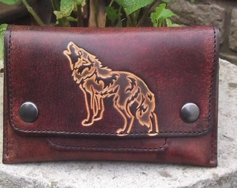 Leather Tobacco pouch, Wolf design ,colour &quot;Chocolate&quot; (16 colours available)