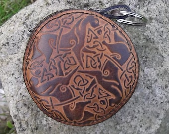 Round leather purse decor Celtic horses, 16 colors (caramel pictured)