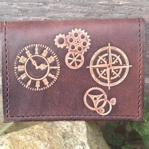 Leren kaarthouder met steampunk-decor, chocoladebruine kleur (16 kleuren beschikbaar) Optionele anti-RFID-blokkering