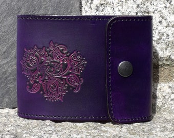 Leather checkbook cover , Lotus flowers design   (16 colours available , Violet on photo )