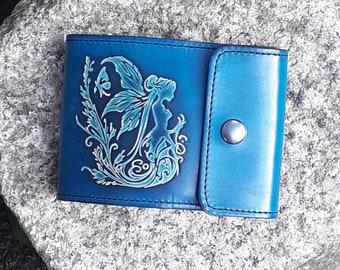 Leather checkbook holder for long checkbook, Butterfly Fairy Decor (16 colors to choose from) Turquoise in the photo