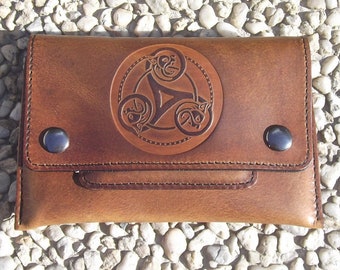 Leather Tobacco pouch, celtic design triskell 1 ,colour "caramel " (16 colours available)