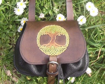 Leather purse (crossbody bag),tree of life  design , colour "oak, green and black"(16 colours available)
