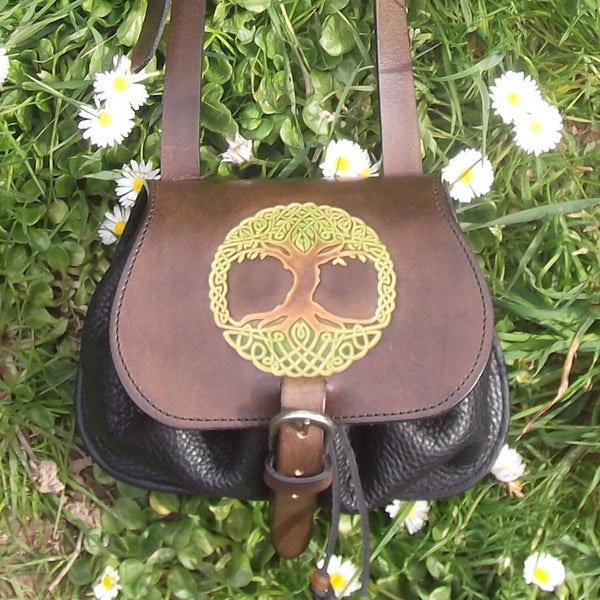 Leather purse (crossbody bag),tree of life  design , colour "oak, green and black"(16 colours available)